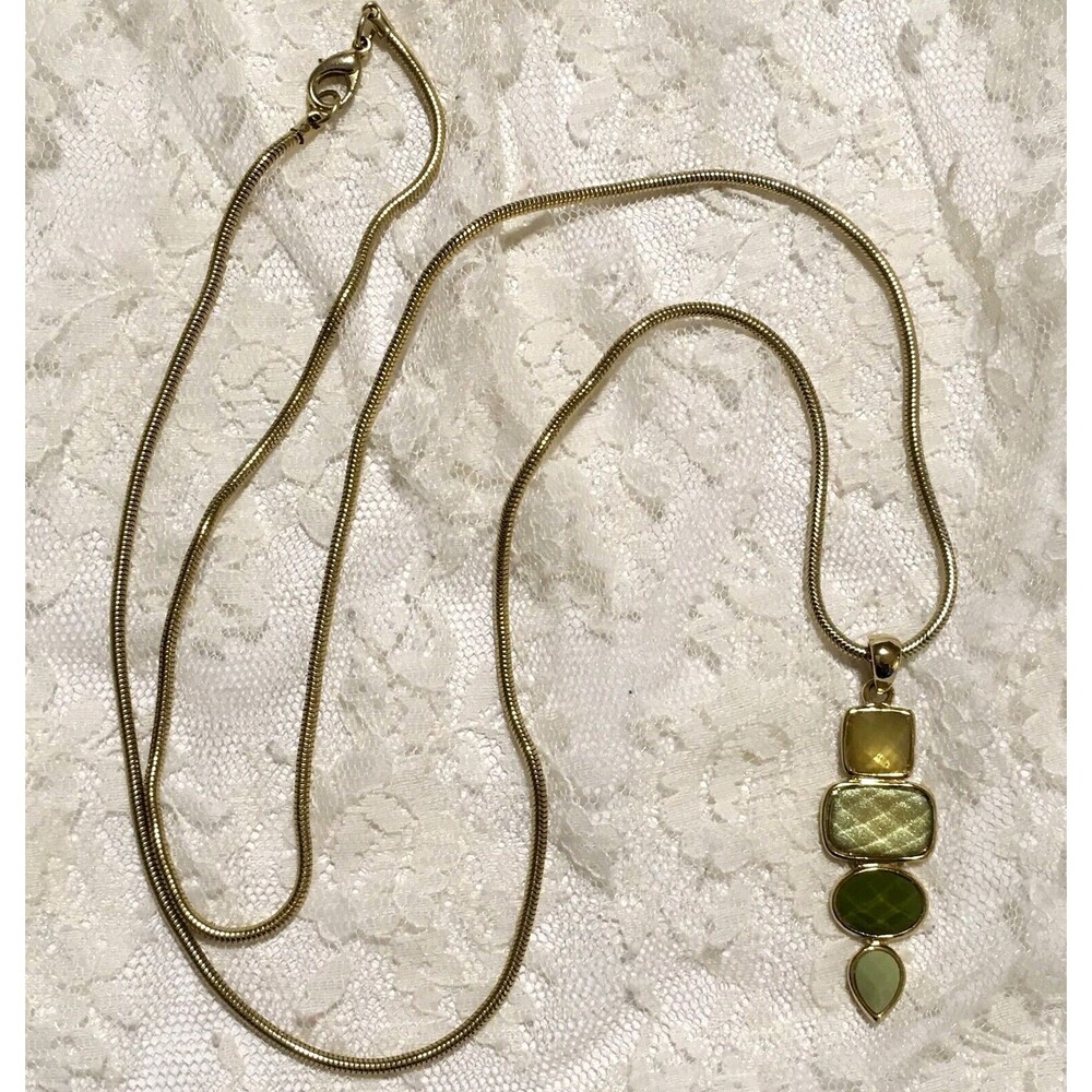 Green Jeweled Rhinestone Pendant Necklace Gold Tone Snake Chain